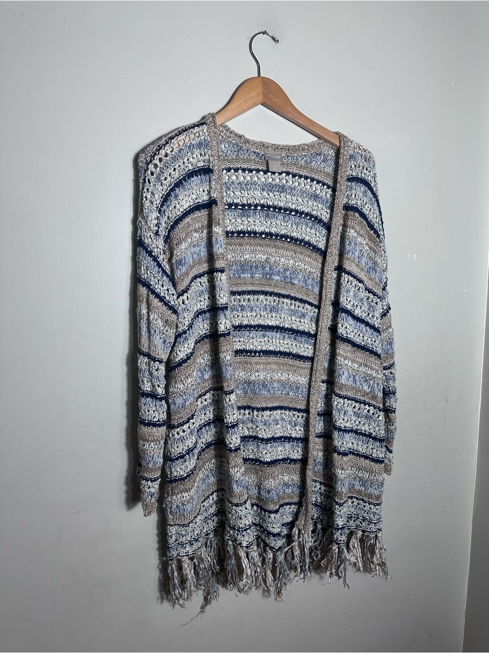 Striped Open-Front Fringe Cardigan - Blue & Cream